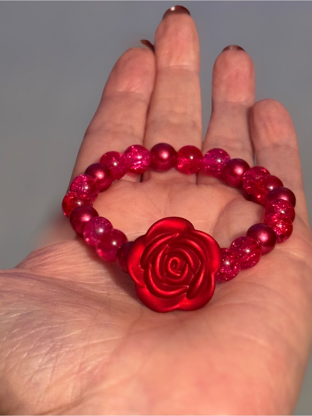 Red Rose Beaded Bracelet Handcrafted Crimson Flower Romantic Gift BRJ - Picture 2 of 5